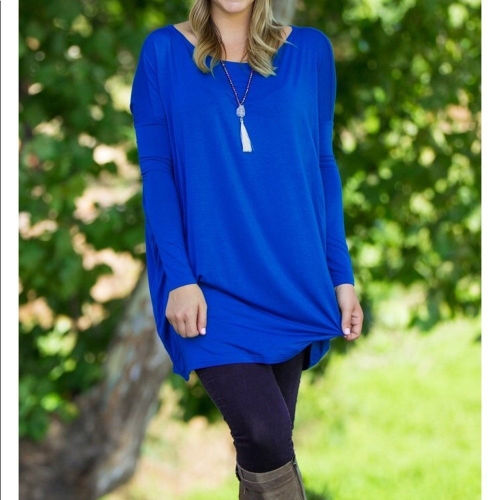 Piko Green Earth Fashion Royal Blue Long Sleeve Scoop Neck Mini Dress Large NWT